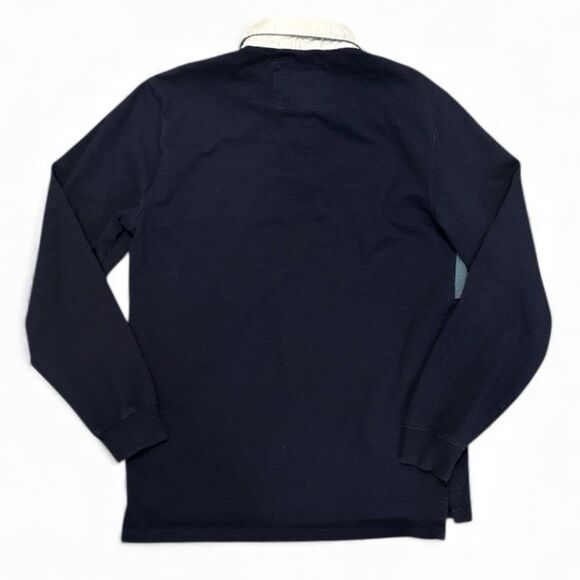 LL Bean Rugby Shirt Sz S Striped Logo Spell Out Contrast Blue Green Collar Polo - Picture 2 of 8